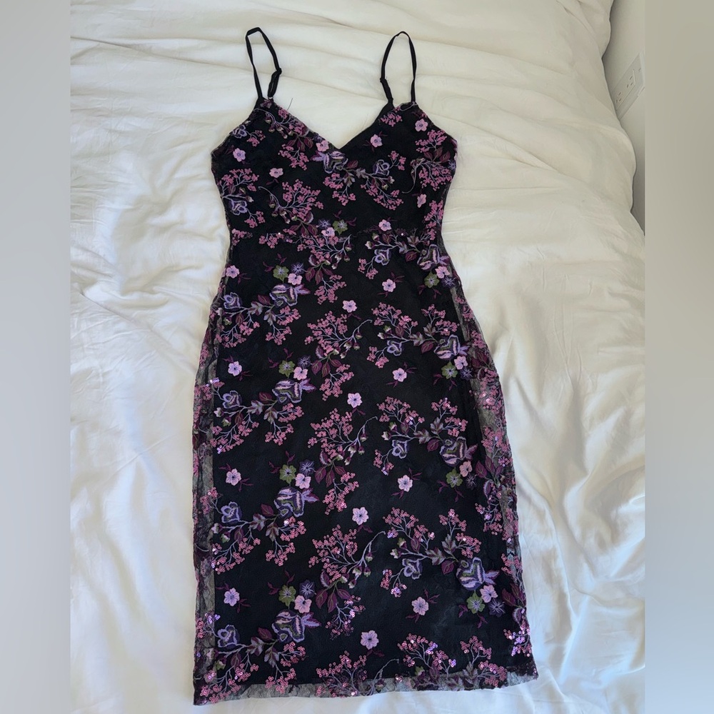 Lulu's Majestic Petals Black and Purple Embroidered Bodycon Midi Dress